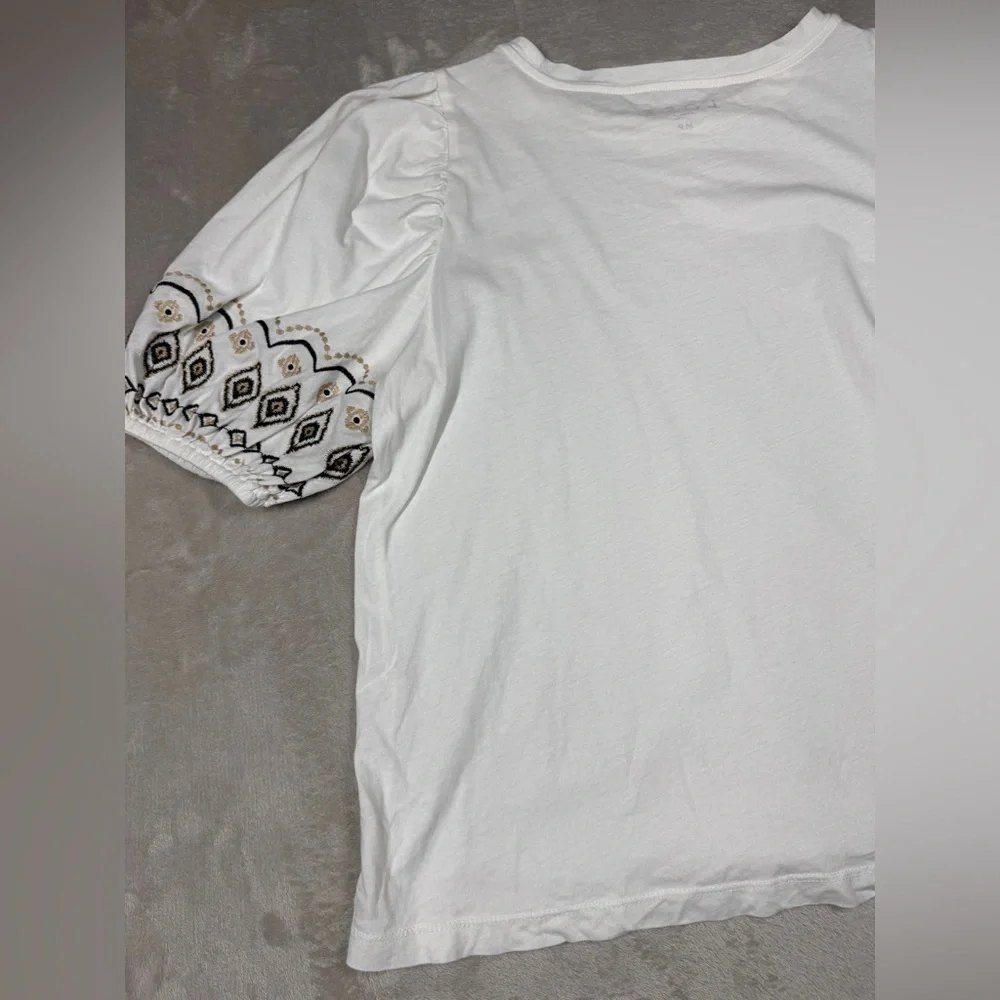LOFT Embroidered Balloon Sleeve Top White 100% Cotton Lightweight Blouse Size MP